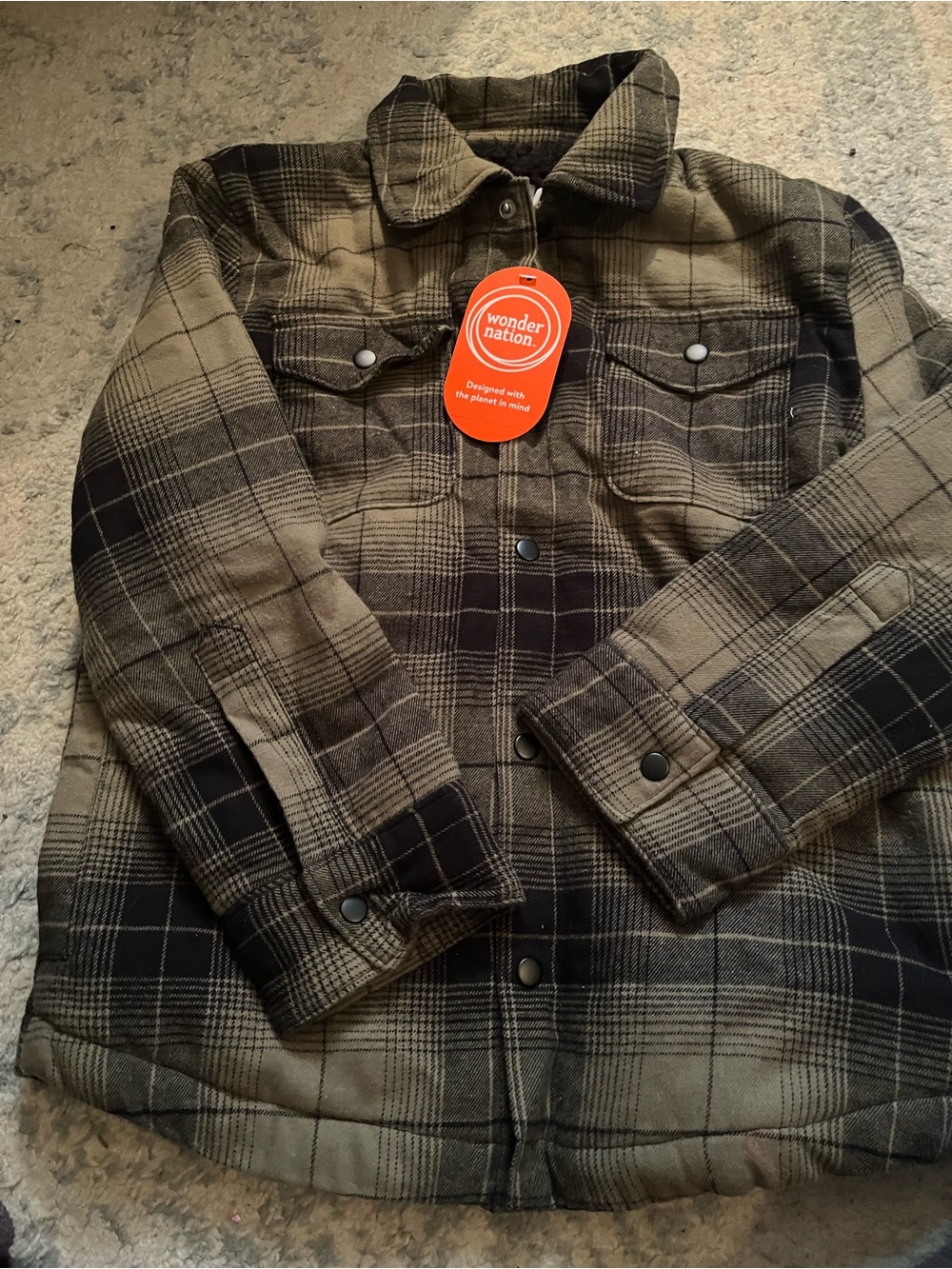 wonder nation Olive & Black Plaid Quilted Shirt Jacket